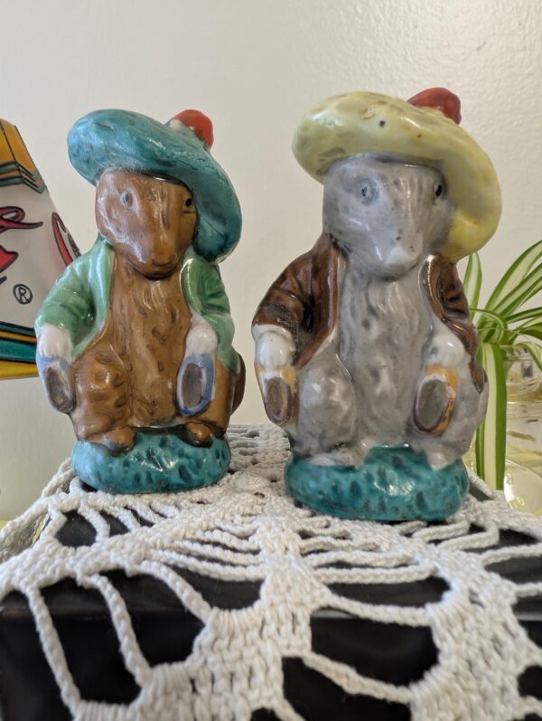 Vintage Beatrix Potter-Style Salt and Pepper Shakers | Anthropomorphic Mice with Hats | Hand-Painted Japan Figurines
