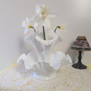 Vintage Fenton Milk Glass Epergne | Ruffled Diamond Lace Horn Vase | Elegant Mid-Century Centerpiece