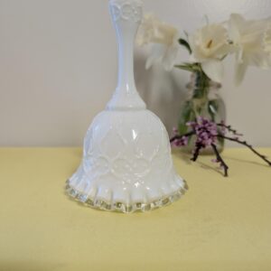 Vintage Fenton Milk Glass Bell with Clear Ruffled Edge | Embossed Scroll Pattern Collectible | Ruffle Bottom Bell | Vintage Home Decor