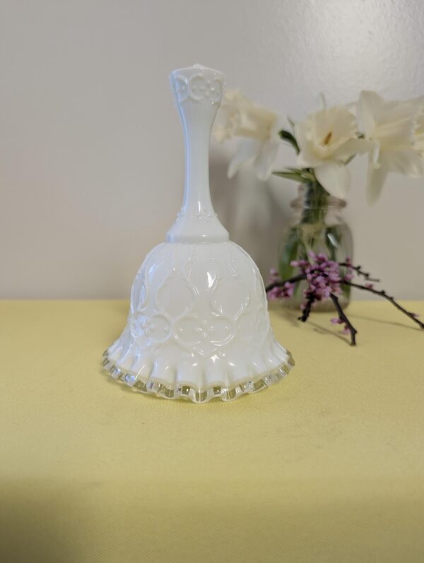 Vintage Fenton Milk Glass Bell with Clear Ruffled Edge | Embossed Scroll Pattern Collectible | Ruffle Bottom Bell | Vintage Home Decor