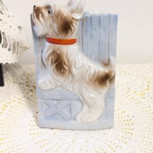 Vintage Porcelain Dog Wall Pocket | Terrier with Fence Motif | 7" Tall Ceramic Planter or Vase | "Wow" Wall Decoration