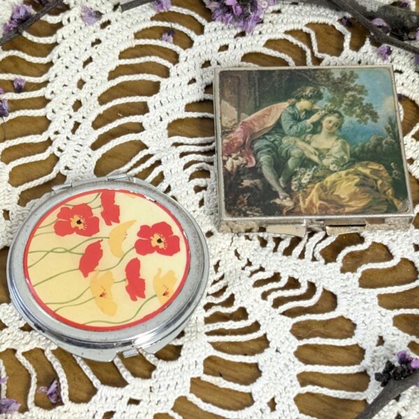 Vintage Compact Mirror | Choice of Romantic Rococo Scene or Retro Floral Design | Double-Sided Folding Makeup Mirror