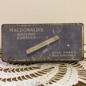 1940s Macdonald’s British Consols Cigarette Tin | Vintage Tobacco Advertising | Old Virginia Mild Sweet Tin Box