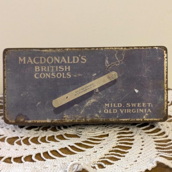 1940s Macdonald’s British Consols Cigarette Tin | Vintage Tobacco Advertising | Old Virginia Mild Sweet Tin Box