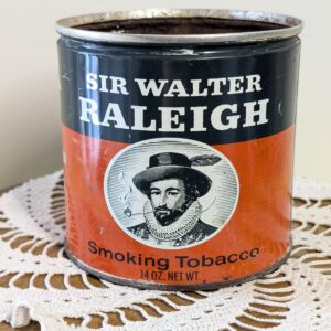 1960s Sir Walter Raleigh Smoking Tobacco Tin | Vintage Orange & Black 14oz Can with Graphic Portrait Flair
