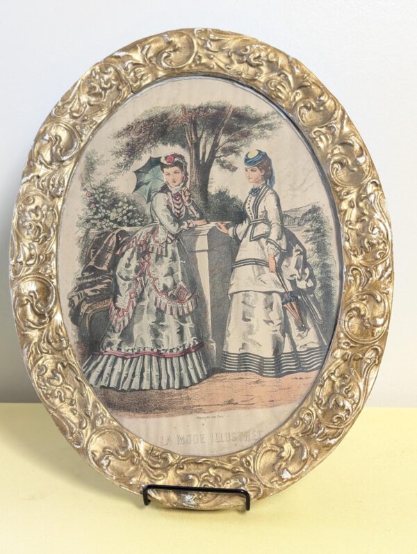 Antique French Fashion Print | La Mode Illustrée Engraving in Ornate Oval Frame | Gilded Victorian Wall Art