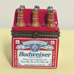 1998 Budweiser 6-Pack Beer Bottle Trinket Box | Mini Ceramic Hinged Keepsake | Anheuser-Busch Collector Gift Idea