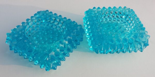 Salt cellars (aka salt dips) -- pair of beautiful 40s / 50s blue hobnail salt cellars
