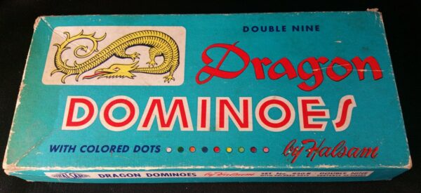 Mid-century set of 55 Halsam Dragon Dominoes, colored dot style, made in the USA