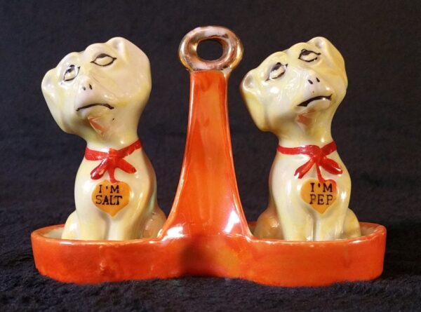 Rare 30s/40s Dog Salt & Pepper Shakers, Beautiful Lustreware! Made in Japan