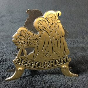 Brass  napkin holder, holiday card/mail holder, note holder, you name it! Nativity scene with Jesus, Mary and Joseph in Bethlemhem