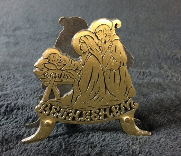 Brass  napkin holder, holiday card/mail holder, note holder, you name it! Nativity scene with Jesus, Mary and Joseph in Bethlemhem